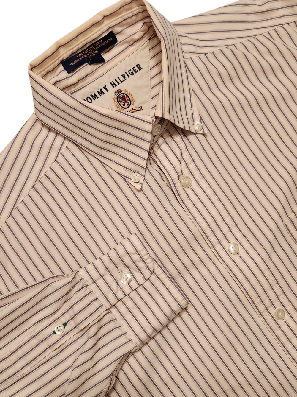 Striped Poplin Button-Down Shirt Vintage 90s Tommy Hilfiger Lion Crest Size L